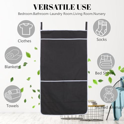 Black Hanging Laundry Hamper Bag, XL Door Hanging Hamper with Large Openging Laundry Hamper Storage Bag Large Size 36X22 Inch, Over Door Hamper
