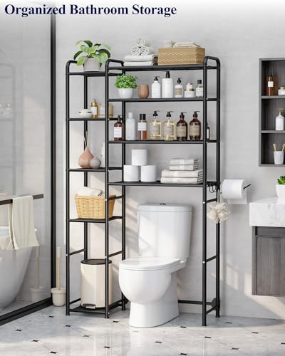 Kitsure Over the Toilet Storage – 9-Tier Black Metal Bathroom Organizer Shelves with Adjustable Side Shelves, Space-Saving Over Toilet Rack for Small Bathrooms, Apartments & Rental Homes, 68.7" H