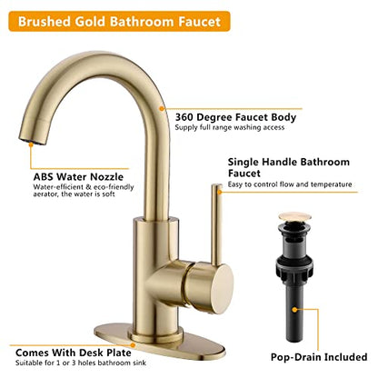 Gold Bathroom Faucets with Pop-Up Drain, Modern Single Hole Bathroom Sink Faucet with Deck Plate Single Handle Lavatory Faucets Brushed Gold Bar Vanity Faucet - color: Light Gold