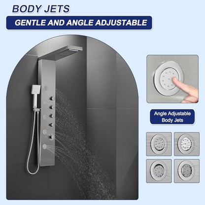ROVATE 4-in-1 Rainfall Waterfall Shower Panel Tower System, Brushed Finish | Shower Column with Body Massage Jets and Handheld, Stainless Steel High Pressure, Use Multiple Functions Simultaneously - color: Brushed Finish