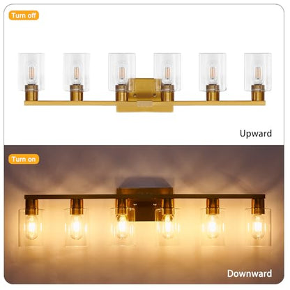 Gold 6 Light Bathroom Vanity Light Brush Gold Bathroom Light Fixtures Brass Vanity Lights for Bathrrom Large Wall Sconce with Clear Glass Shade E26 Socket - color: Gold, size: 6 Light