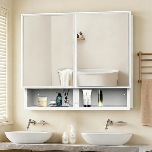 32x26 Inch Bathroom Medicine Cabinet with Mirror, Double Door Wall Mounted Storage with Extra Drawers, Bevel Edge Mirror, Adjustable Shelves, for Recessed or Surface Mount Installation - style: CS5003-3226