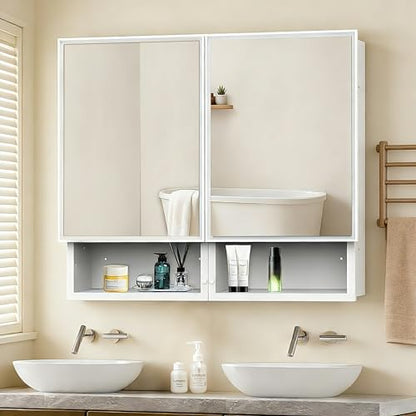32x26 Inch Bathroom Medicine Cabinet with Mirror, Double Door Wall Mounted Storage with Extra Drawers, Bevel Edge Mirror, Adjustable Shelves, for Recessed or Surface Mount Installation - style: CS5003-3226