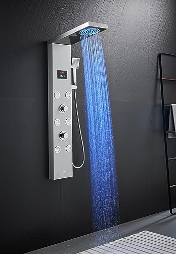 Stainless Steel Shower Panel Tower System with LED lights(No battery need), Hydroelectric LED Rainfall Shower Tower System with 6 Pcs Body Jets, Brushed Nickel - color: Brushed Nickel - 6 Body Jets