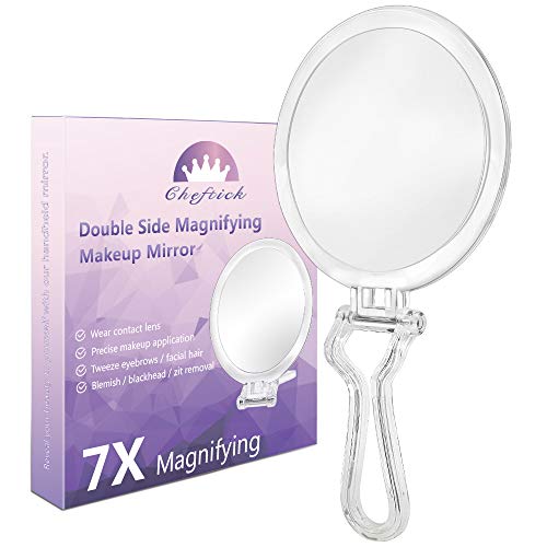 Cheftick Double Sided Hand Held Makeup Mirror, Adjustable Folding Handle | 1X & 7X Magnifying, Distortion-free & HD, Portable, Transparent & Round (6") Handheld Mirror for Women & Men, Makeup, Shaving