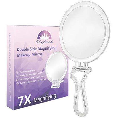 Cheftick Double Sided Hand Held Makeup Mirror, Adjustable Folding Handle | 1X & 7X Magnifying, Distortion-free & HD, Portable, Transparent & Round (6") Handheld Mirror for Women & Men, Makeup, Shaving