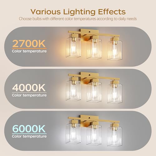 3-Light Bathroom Light Fixtures, Brushed Gold Modern Vanity Lights, Bathroom Lighting Fixtures Over Mirror, Square Design Farmhouse Wall Sconces with Clear Glass Shades - color: Brushed Gold, size: 3-Light