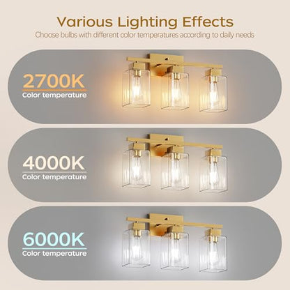 3-Light Bathroom Light Fixtures, Brushed Gold Modern Vanity Lights, Bathroom Lighting Fixtures Over Mirror, Square Design Farmhouse Wall Sconces with Clear Glass Shades - color: Brushed Gold, size: 3-Light