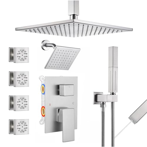 VANFOXLE Shower System, Brushed Nickel Shower Faucet Set, Four Modes | 10 Inch Ceiling Mount Head Increased Thick, 6 Inch Second Head, 2-in-1 Handheld Combo, 4 PCS Dual Mode Body Jets, Brass Valve - color: Brushed Nickel