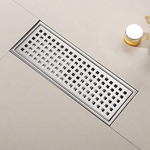 12 Inch Rectangular Shower Floor Drain, Detachable to Insert The Mesh Grille Cover, SUS304 Stainless Steel, Brushed Nickel - color: Brushed Nickel
