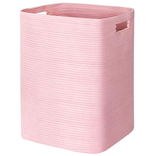 Large Laundry Hamper 16"x13"x22" - Tall Woven Laundry Basket, Cotton Rope Dirty Clothes Hamper, Baby Kids Nursery Wicker Laundry Basket, Bedroom Aesthetic, Soft Laundry Bin, Pink Hamper, 75L - color: Pink