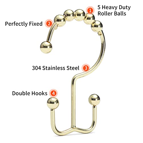 Shower Curtain Hooks Rings, Stainless Steel Gold Shower Curtain Hooks Rust Proof, Free Sliding Double Shower Hooks for Shower Curtains & Liners (Gold) - color: Gold