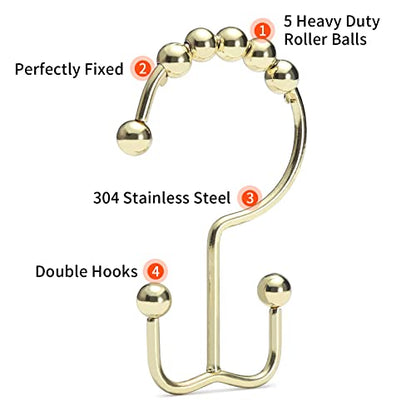 Shower Curtain Hooks Rings, Stainless Steel Gold Shower Curtain Hooks Rust Proof, Free Sliding Double Shower Hooks for Shower Curtains & Liners (Gold) - color: Gold