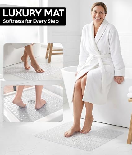 Square Shower Mat Non Slip, 21x21 Inch Square Bathtub Mat for Inside-Shower with Suction Cups Drain Holes, Anti-Slip Bathroom Floor Shower Stall Mats, Soft Bath for Tub, Machine Washable - Clear - color: White