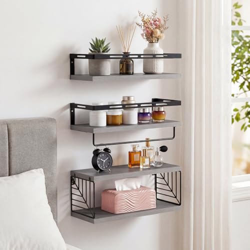 Fixwal Wall Mounted Bathroom Shelves Over Toilet (3+1 Gray) | Wall Shelf with Basket Storage , Towel Bar, Solid Wood, 22Lb Capacity, Easy DIY Install - color: 2-gray