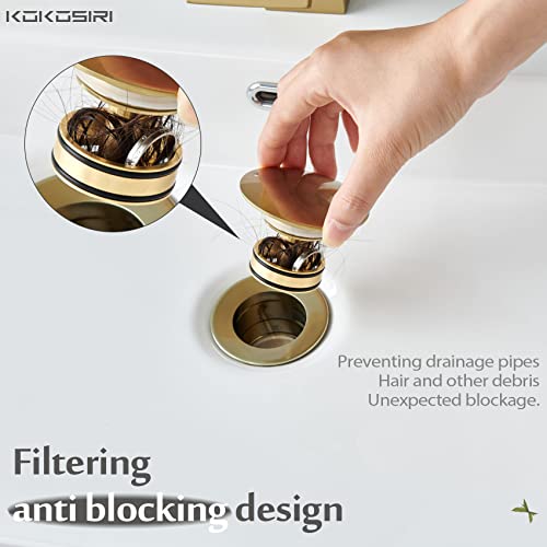 KOKOSIRI Pop Up Sink Drain with Strainer Basket, Brushed Gold Bathroom Sink Drain with Detachable Hair Catcher Anti Clogging for Vanity Vessel Sink Without Overflow, C1002BG - color: Brushed Gold