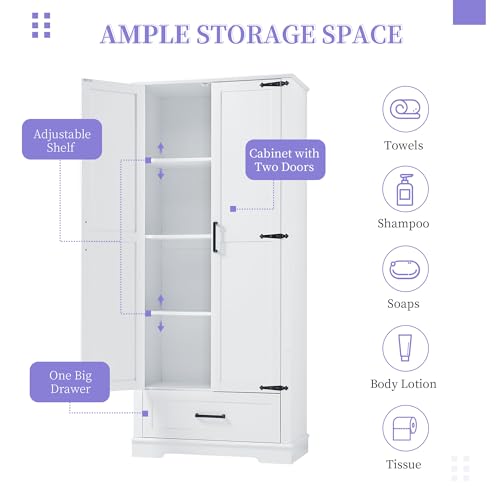JIVOIT 69''H Tall Bathroom Storage Cabinet, Modern Storage Cabinet with Adjustable Shelves, Two Doors and One Drawer, Four Tiers Shelves, MDF Board - color: White * 147