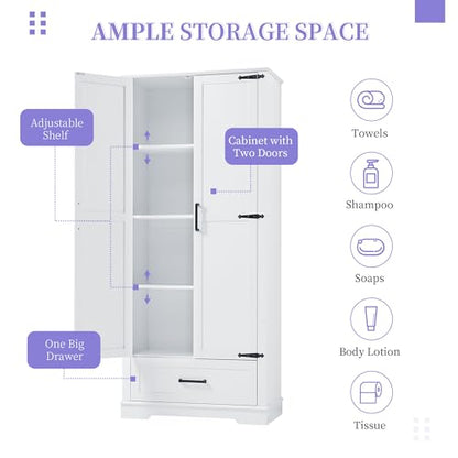 JIVOIT 69''H Tall Bathroom Storage Cabinet, Modern Storage Cabinet with Adjustable Shelves, Two Doors and One Drawer, Four Tiers Shelves, MDF Board - color: White * 147