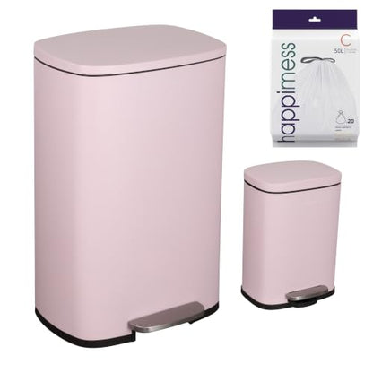 happimess Connor 2-Piece Iron Trash Can, Blush Pink | 13.2 And 1.3 Gallons, Rectangular, Soft-Close Lid, Step Pedal, 20 Liners, 26" And 12" Height - color: Blush Pink