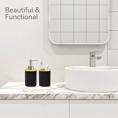 Bathroom Accessories Set, 2PCS Black Soap Dispenser and Toothbrush Holder | Bamboo Bathroom Sets Accessories, Bathroom Set Striped - color: Black