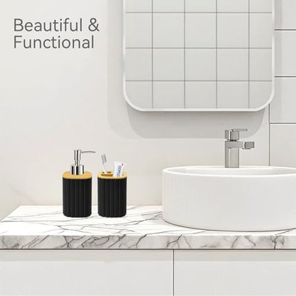 Bathroom Accessories Set, 2PCS Black Soap Dispenser and Toothbrush Holder | Bamboo Bathroom Sets Accessories, Bathroom Set Striped - color: Black