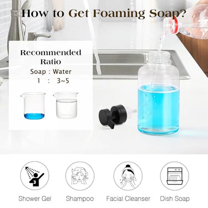 Luxspire Glass Foaming Soap Dispenser 15oz Hand Soap Bottle, Clear, 2 Pack | Anti-drip pump, wide mouth easy refill, non-slip silicone base, 7 waterproof labels, bathroom and kitchen sink use - color: Clear