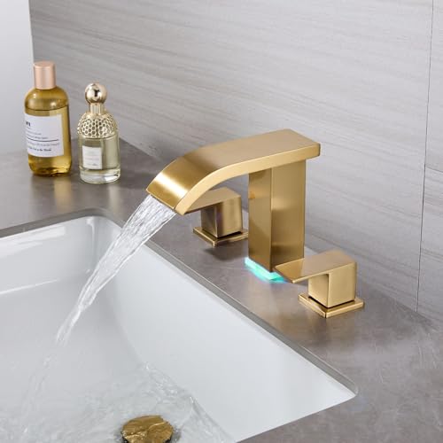 LED Light Widespread Bathroom Faucets for Sink 3 Hole Waterfall Brushed Gold-Bathroom Faucet with Pop-up Drain Assembly, 8 Inch Bathroom Sink Faucet 2-Handles,Modern Lavatory Vanity Faucet - color: Brushed Gold