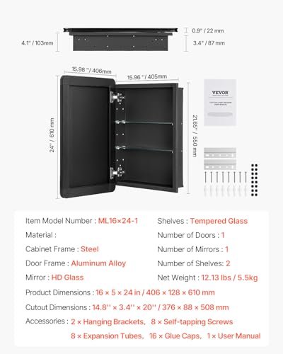 VEVOR Medicine Cabinet, 16 x 24 inch, Medicine Cabinet for Bathroom with Mirror, Aluminum Frame Bathroom Wall Cabinet, 2-Layer Adjustable Shelves, Recessed & Wall-Mounted Installation - size: 16x24in