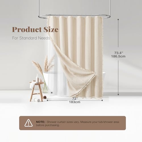 BTTN 3 in 1 Shower Curtain with Liner, Cream Boho Linen Striped Cloth Shower Curtain Set with Plastic Hook, Farmhouse Bohemian Country Waterproof Fabric Shower Curtain for Bathroom, Beige, 72x72 - color: Cream With Liner, size: 72"W x 72"L (Pack of 1)