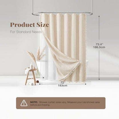 BTTN 3 in 1 Shower Curtain with Liner, Cream Boho Linen Striped Cloth Shower Curtain Set with Plastic Hook, Farmhouse Bohemian Country Waterproof Fabric Shower Curtain for Bathroom, Beige, 72x72 - color: Cream With Liner, size: 72"W x 72"L (Pack of 1)