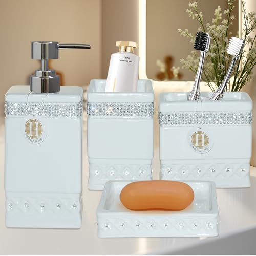Bathroom Accessories Set 4 Pcs-Ceramic Gift Set Soap Dispenser Pump & Toothbrush Holder & Tumbler Cup & Soap Dish - Bathroom Home Decor Clearance, Countertop Vanity Organize (15 Ounce) - size: 15 Ounce White
