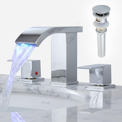 Bathroom faucets 3 Hole Widespread LED Light Bathroom Sink Faucet 8 inch Modern Bathroom Waterfall 3 Hole Vanity Chrome Faucet with Pop Up Drain(Chrome) - color: Chrome