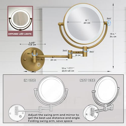 Wall Mounted Makeup Mirror with Lights and Magnification, Antique Brass | 8-Inch, Close Vanity, 1X/5X, 2 Sided, 3 Color LED Lighting, Extension Arm, Brushed Finish, Bathroom Arts Ware, USB Charging - color: Brushed Antique Brass