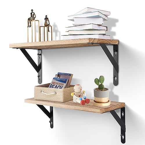 AGM Floating Shelves, Bathroom Shelf Set of 2, Rustic Wood Wall Mounted Shelf for Storage&Room Decor, Floating Shelf for Plants, Book, Bathroom, Bedroom, Kitchen, Office, Living Room(Light Brown) - color: 4-light Brown(a Type Bracket)