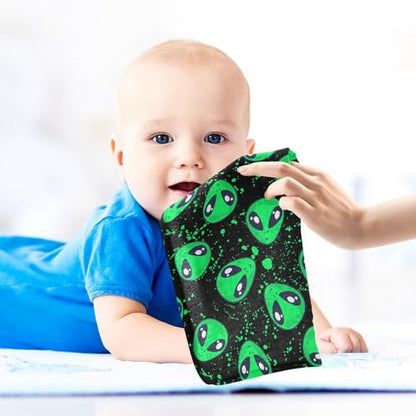 Baby Green Alien Muslin Washcloths 3 Pack - Muslin Burp Cloths Hanky Large 11.8"X11.8" Extra Soft Absorbent Baby Burp Rags for Newborn 100% Cotton for Boys Girls Gift - size: one sizex3