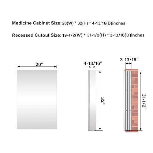 WELLFOR 20" x 32" Bathroom Medicine Cabinet, Anodized Chrome Aluminum Frame, Medicine Cabinet with Adjustable Glass Shelves, Bathroom Cabinet with Reverse Door Installation, Surface or Recessed Mount