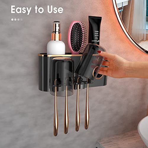 iHave Toothbrush Holders for Bathrooms Wall Mounted with Dispenser & 2 Cups | 6 Slots Wall Mount Toothbrush Holders for Bathrooms with Squeeze Toothpaste Dispenser, 2 Cups & 2 Compartments Organizer - color: Black 2 Cups