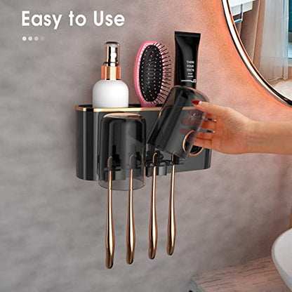 iHave Toothbrush Holders for Bathrooms Wall Mounted with Dispenser & 2 Cups | 6 Slots Wall Mount Toothbrush Holders for Bathrooms with Squeeze Toothpaste Dispenser, 2 Cups & 2 Compartments Organizer - color: Black 2 Cups