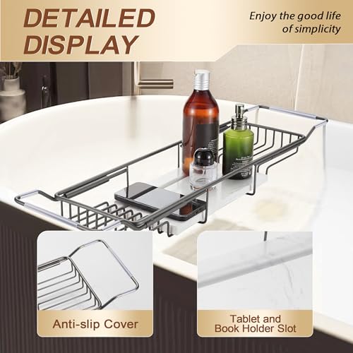 Bathtub Tray Stainless Steel with Marble Base Gun Gray Bathtub Tray with White Marble Base Adjustable & Rustproof Bath Caddy for Spa, Relaxation, Bath Bombs - color: Gun Gray