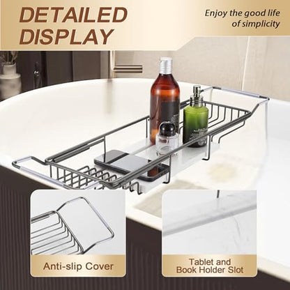 Bathtub Tray Stainless Steel with Marble Base Gun Gray Bathtub Tray with White Marble Base Adjustable & Rustproof Bath Caddy for Spa, Relaxation, Bath Bombs - color: Gun Gray