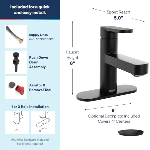 Moen Laris Matte Black One-Handle Single Hole Modern Bathroom Sink Faucet with Optional Deckplate and Spring Loaded Drain Assembly, 84014BL - color: Matte Black