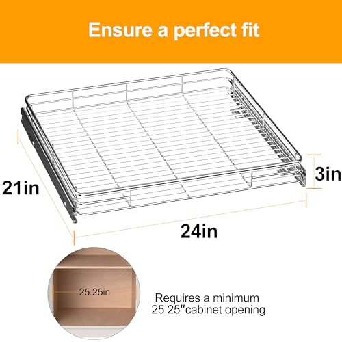Pull Out Cabinet Organizer 24" W x 21" D, Chrome-Plated Steel | Slide Out Kitchen Shelves, Heavy-Gauge Wire Storage Drawer, Ball-Bearing Glides, 100 Lb Capacity, Min 25" Cabinet Opening - size: 24" W x 21" D