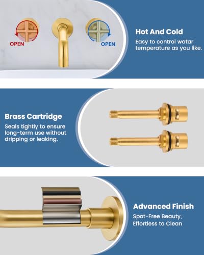 Airuida Solid Brass Brushed Gold Wall Mount Bathroom Faucet | 360° Swivel Spout,Rough in Valve,2 Cross Handle,3 Hole,Widespread - color: Brushed Gold