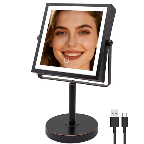 1X/10X Makeup Mirror with Lights, Double Sided Lighted Magnifying Mirror with 3 Colors, Height & Brightness Adjustable, Rechargeable 4000mAh, 8" Freestanding Mirror (Oil Rubbed Bronze) - color: Oil Rubbed Bronze