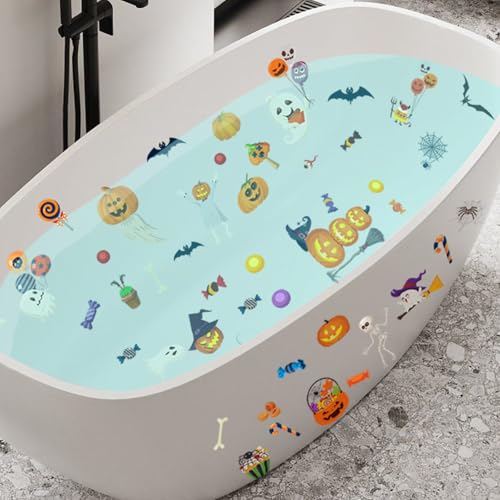 Halloween Non-Slip Bathtub Stickers, White Ghost Black Bat Pumpkin | 6 Pages, Anti-Slip Decals for Kids, With Scraper, Fun & Safe Bathtub Adhesive Appliques - color: Halloween