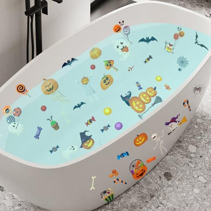 Halloween Non-Slip Bathtub Stickers, White Ghost Black Bat Pumpkin | 6 Pages, Anti-Slip Decals for Kids, With Scraper, Fun & Safe Bathtub Adhesive Appliques - color: Halloween