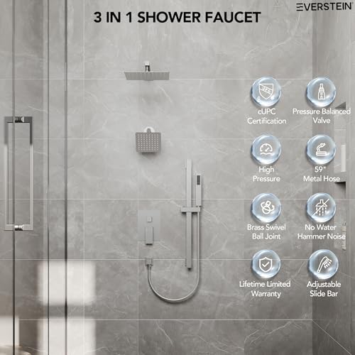 EVERSTEIN 10" High-Pressure Rainfall Shower Faucet with Handheld Spray, Wall Mount Dual Shower Head System with Slide Bar (Brushed Nickel) - color: Nickel, style: Wall Mount-with Slide Bar