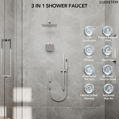 EVERSTEIN 10" High-Pressure Rainfall Shower Faucet with Handheld Spray, Wall Mount Dual Shower Head System with Slide Bar (Brushed Nickel) - color: Nickel, style: Wall Mount-with Slide Bar