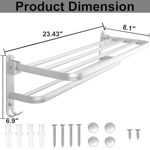 TocTen Towel Rack for Bathroom, Foldable Towel Holder with Double Towel Bars, Wall Mounted SUS304 Stainless Steel Bathroom Tower Shelf, Space-Saving Towel Hanger for Bathroom, Lavatory (Silver,24 in) - color: Silver