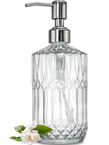 JASAI 18 Oz Embossed Clear Glass Soap Dispenser with Rust Proof Pump | Refillable Dish soap Dispenser for Kitchen, Premium Bathroom Soap Dispenser for Hand soap, Lotion (Clear) - color: Clear-silver Pump, style: Dazzle